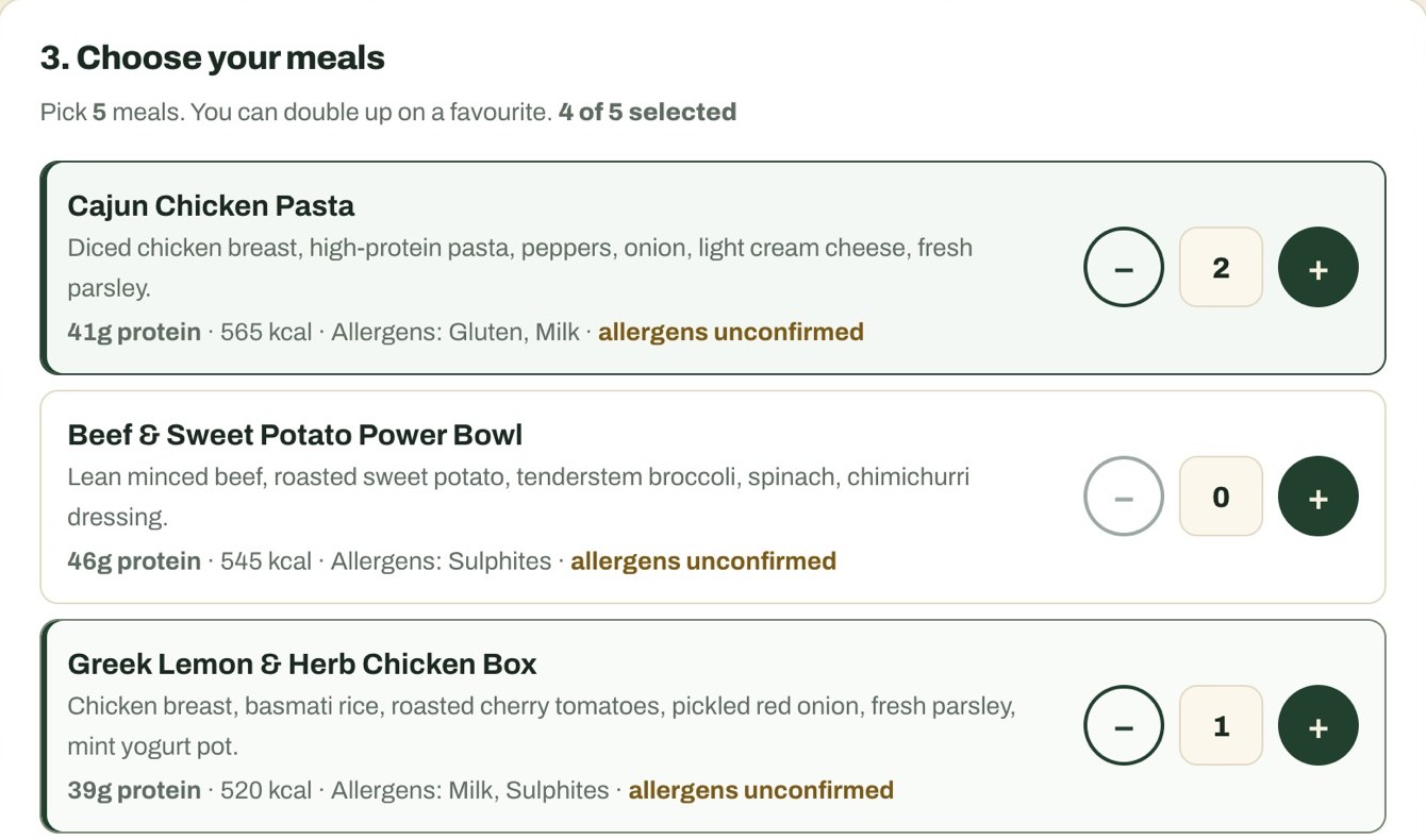 Easy Bite meal selection interface showing meal choices and nutrition details